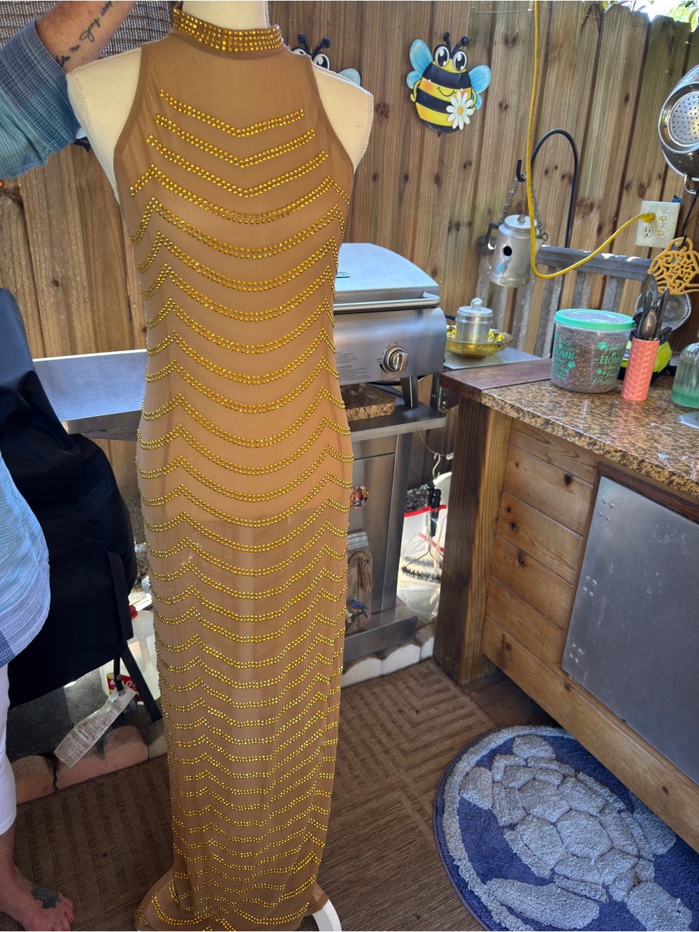 Vintage Boutique Gold Rhinestone Illusion‎ Mesh Halter Gown XS/S